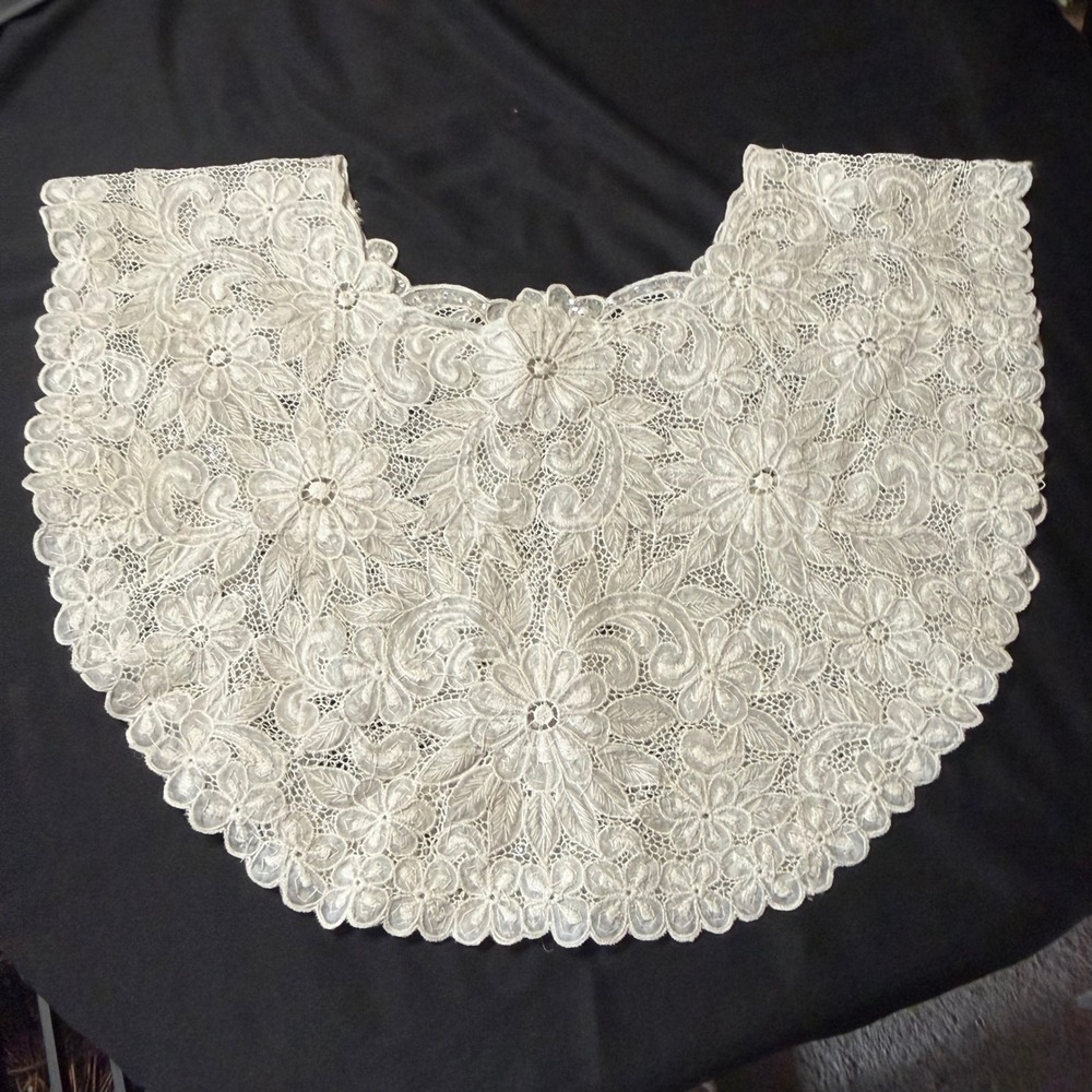 Vtg Sequin Floral Lace Capelet Collar Yoke Applique White Bridal Wedding Trim - Picture 2 of 6